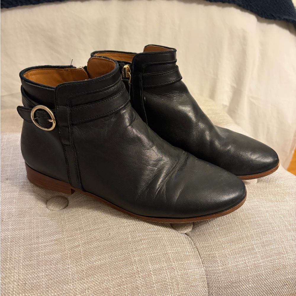 Sezane Black Leather Ankle Boots with Side Buckle